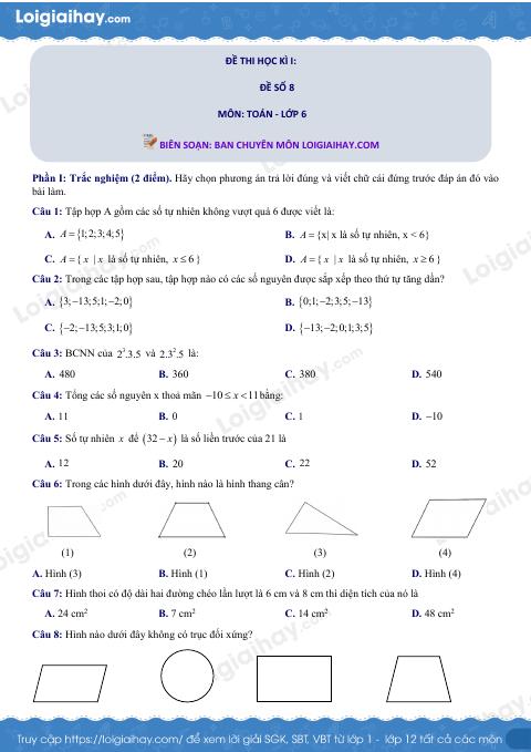 Đề thi học kì 1 Toán 6 - Đề số 8